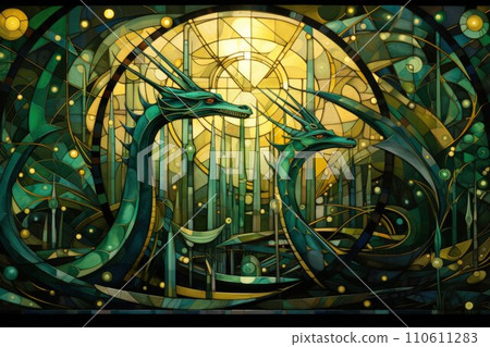 AI-generated content. Ancient dragons with scales of emerald and gold - Generative AI 110611283