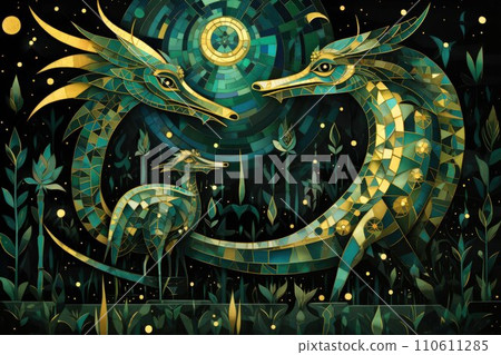 AI-generated content. Ancient dragons with scales of emerald and gold - Generative AI 110611285