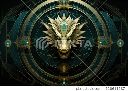 AI-generated content. Ancient dragons with scales of emerald and gold - Generative AI 110611287