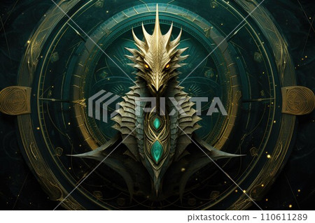 AI-generated content. Ancient dragons with scales of emerald and gold - Generative AI 110611289