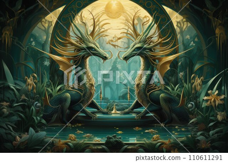 AI-generated content. Ancient dragons with scales of emerald and gold - Generative AI 110611291