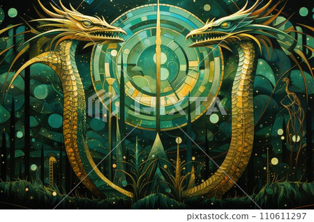 AI-generated content. Ancient dragons with scales of emerald and gold - Generative AI 110611297