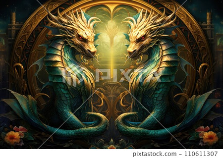 AI-generated content. Ancient dragons with scales of emerald and gold - Generative AI 110611307