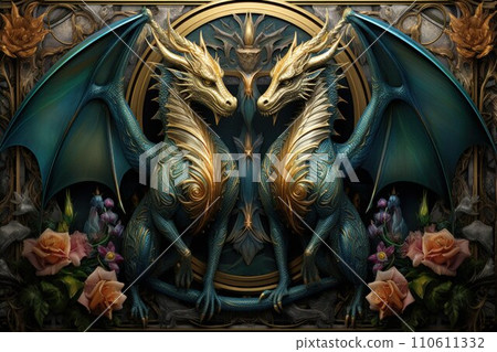 AI-generated content. Ancient dragons with scales of emerald and gold - Generative AI 110611332