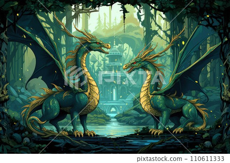 AI-generated content. Ancient dragons with scales of emerald and gold - Generative AI 110611333