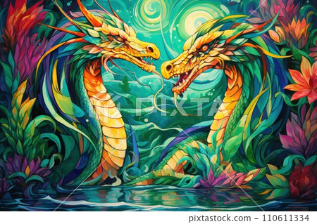 AI-generated content. Ancient dragons with scales of emerald and gold - Generative AI 110611334