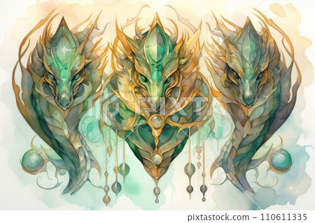 AI-generated content. Ancient dragons with scales of emerald and gold - Generative AI 110611335