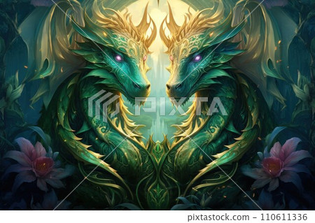 AI-generated content. Ancient dragons with scales of emerald and gold - Generative AI 110611336