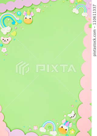 pastel green kawaii flyer background with cute cartoon animals, unicorns, decor 110611337