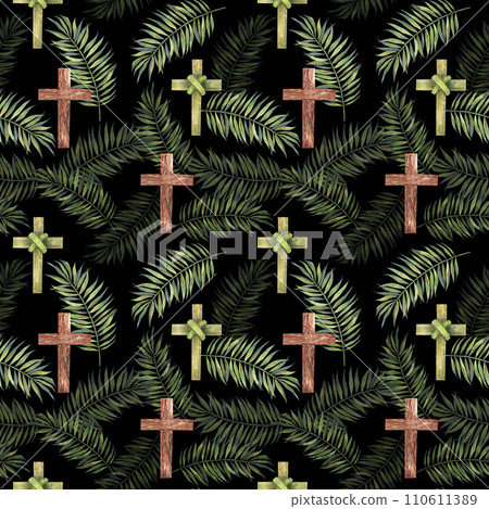 Cute watercolor print with wood and leaf Cross for Easter or Christening invitation , palm sunday decoration. Seamless christian theme pattern for easter design. Black background. 110611389