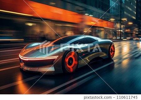 Generative AI A futuristic car on the streets of a city Generative AI A futuristic car on the streets of a city 110611745