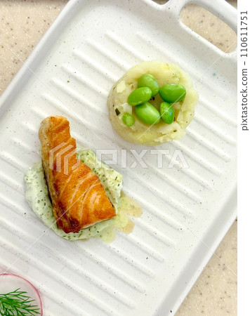 Top view of salmon steak with mashed potatoes Top view of salmon steak with mashed potatoes 110611751