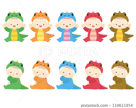 一個穿著恐龍服裝的可愛嬰兒的插圖 一個穿著恐龍服裝的可愛嬰兒的插圖 110611854