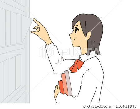 Female student standing in front of a bookshelf 110611983