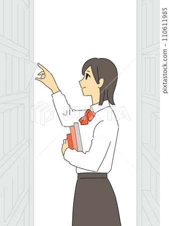 Female student trying to take out a book 110611985