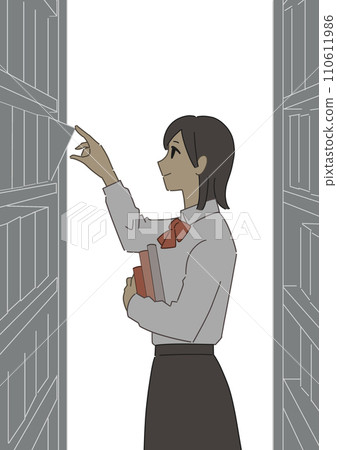 Female student trying to take a book from the bookshelf 110611986