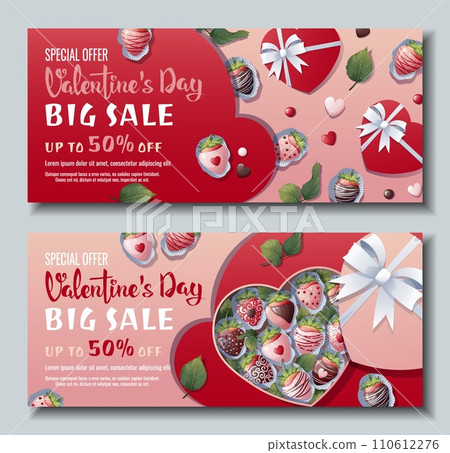 Set of banners for Valentine's Day. Background, poster, flyer with a box of chocolate covered strawberries and a heart. Discount voucher template for love day. 110612276