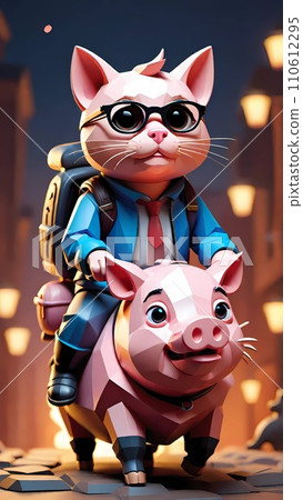 Cat riding pig low poly drawing artwork Cat riding pig low poly drawing artwork 110612295