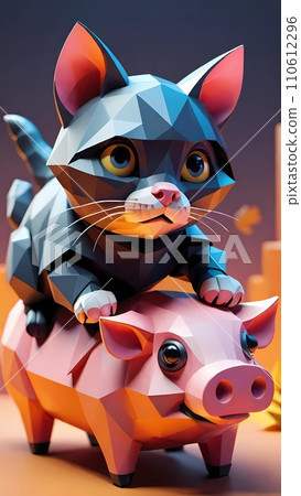 Cat riding pig low poly drawing artwork Cat riding pig low poly drawing artwork 110612296