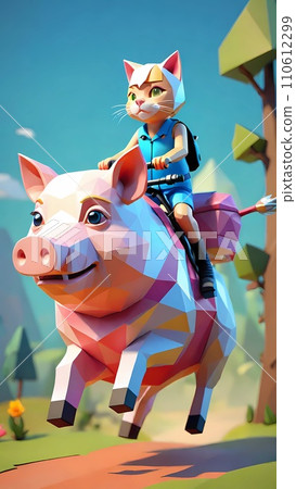 Cat riding pig low poly drawing artwork Cat riding pig low poly drawing artwork 110612299