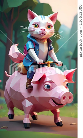 Cat riding pig low poly drawing artwork Cat riding pig low poly drawing artwork 110612300