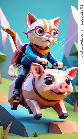 Cat riding pig low poly drawing artwork Cat riding pig low poly drawing artwork 110612302