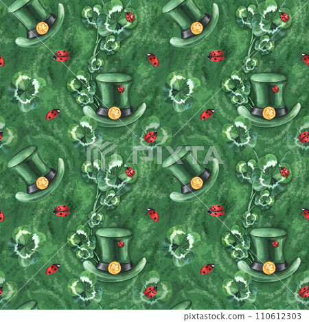 Leprechaun's four-leaf shamrock clover seamless pattern with ladybug and florals, for good luck. Watercolor illustration, hand drawn. For textile, paper, design, presents. Green background Leprechaun's four-leaf shamrock clover seamless pattern with ladybug and florals, for good luck. Watercolor illustration, hand drawn. For textile, paper, design, presents. Green background 110612303