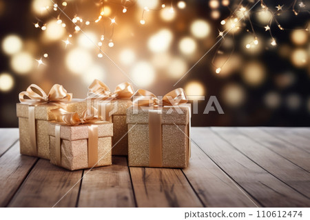 Gift boxes with ribbons and christmas decor 110612474