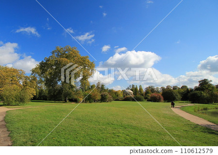 Clear autumn sky and the Anglais gardens of the Palace of Versailles (Yvelines, France) 110612579