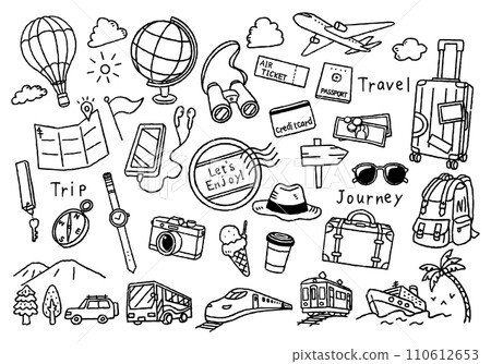 Travel, tourism, illustration set, hand-drawn black and white line drawing Travel, tourism, illustration set, hand-drawn black and white line drawing 110612653