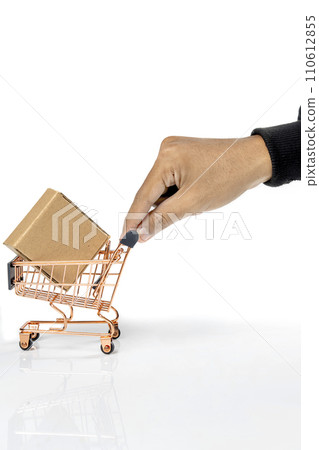 A human hand carries a cardboard box in a shopping cart A human hand carries a cardboard box in a shopping cart 110612855