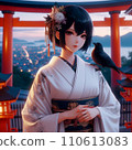 一個穿著白色和服的黑人婦女，肩上有一隻烏鴉 110613083