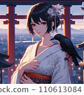 一個穿著白色和服的女人，肩上有一隻烏鴉 110613084