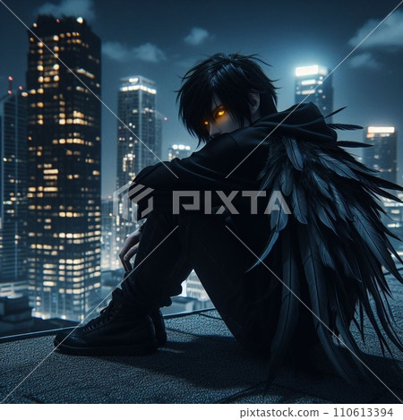 A man with black wings looking at the city A man with black wings looking at the city 110613394