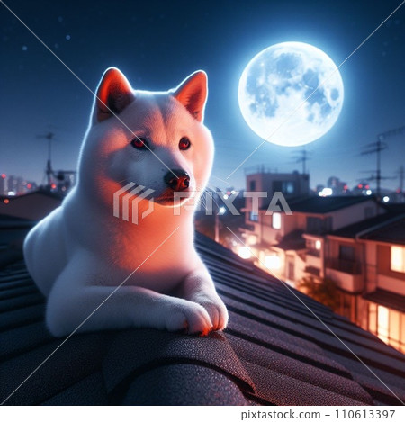 White Shiba Inu and full moon night White Shiba Inu and full moon night 110613397