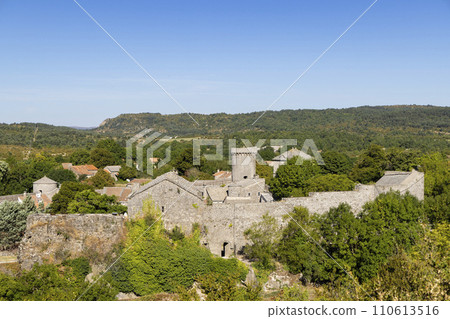 View of the medieval village of La Couvertoirade in Larzac, Aveyron, France 110613516