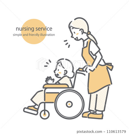 A senior woman in a wheelchair and a young caregiver - simple and stylish line drawing illustration A senior woman in a wheelchair and a young caregiver - simple and stylish line drawing illustration 110613579