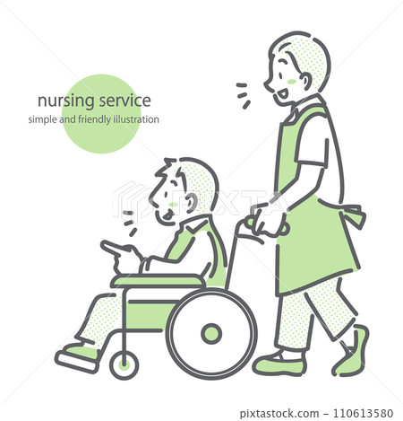 A senior man in a wheelchair and a young caregiver - simple and stylish line drawing illustration A senior man in a wheelchair and a young caregiver - simple and stylish line drawing illustration 110613580