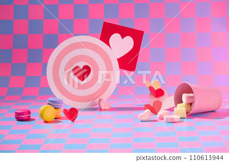 On purple and pink checkered background, sweet cakes, marshmallow and cute decorations displayed. Front view, background for advertising product with valentine concept  On purple and pink checkered background, sweet cakes, marshmallow and cute decorations displayed. Front view, background for advertising product with valentine concept  110613944