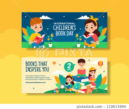 Children Book Day Horizontal Banner Flat Cartoon Hand Drawn Templates Background Illustration 110613994