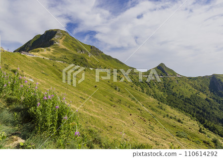 Puy Mary (1783 m) with road, Cantal, Auvergne-Rhone-Alpes region, France 110614292