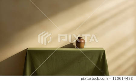 AI-generated content. Table with flowers and green wall for presentation . Shadows on the wall and light reflections, generated AI 110614458