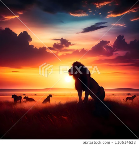 獅子在大草原上被夕陽照亮 110614628