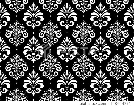 Wallpaper in the style of Baroque. Seamless vector background. White and black floral ornament. Graphic pattern for fabric, wallpaper, packaging. Ornate Damask flower ornament 110614735