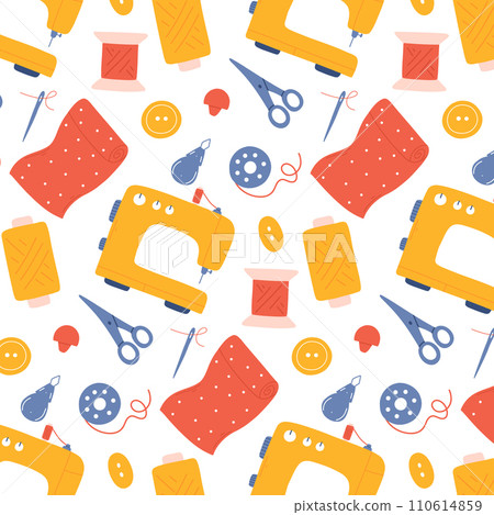 Seamless pattern with sewing tools. Pattern with sewing machine and thread. Vector illustration in hand drawn style. Seamless pattern with sewing tools. Pattern with sewing machine and thread. Vector illustration in hand drawn style. 110614859