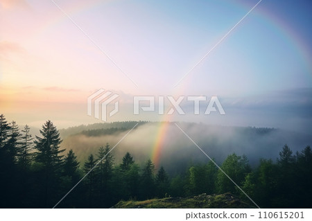 Generative AI A rainbow that appears among the trees in the forest Generative AI A rainbow that appears among the trees in the forest 110615201