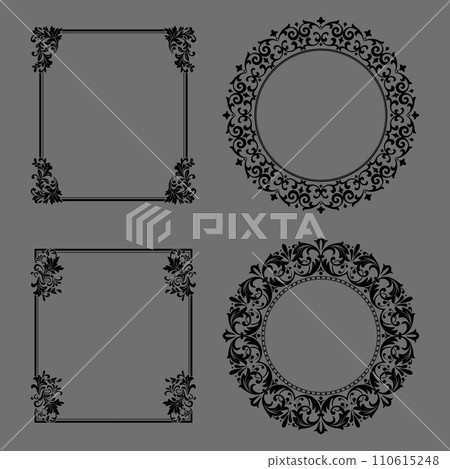 Set of decorative frames Elegant vector element for design in Eastern style, place for text. Floral black and gray borders. Lace illustration for invitations and greeting cards 110615248