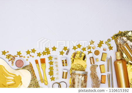 Frame border golden color supplies and stationery for creativity and copy space. Artist accessories collection. Art supplies and materials. Frame border golden color supplies and stationery for creativity and copy space. Artist accessories collection. Art supplies and materials. 110615392