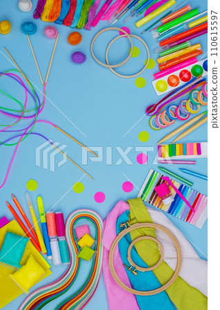 Handicraft supplies top view. Art and handicraft creative concept. 110615597