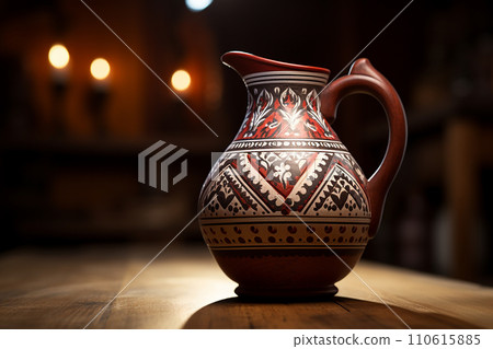 Generative AI A beautifully ornate clay jug on a wooden table 110615885